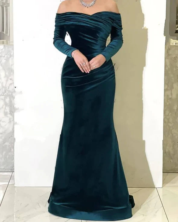 Elegant hunter green velvet mermaid off-shoulder formal gown.