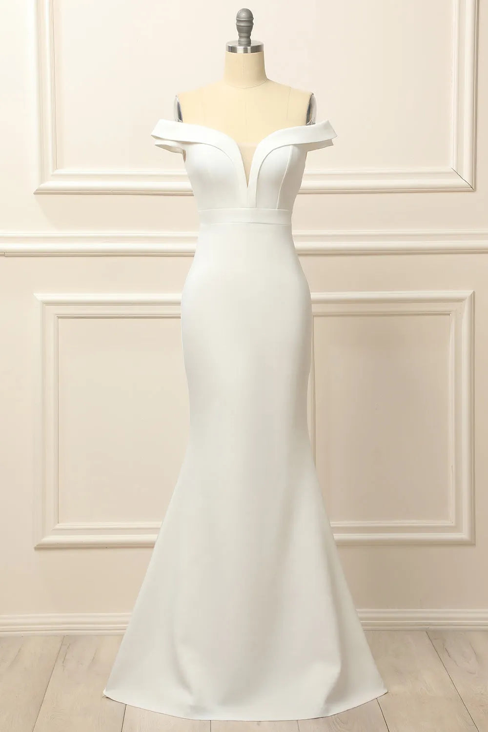 Full length view of the mermaid off-shoulder bridal dress.