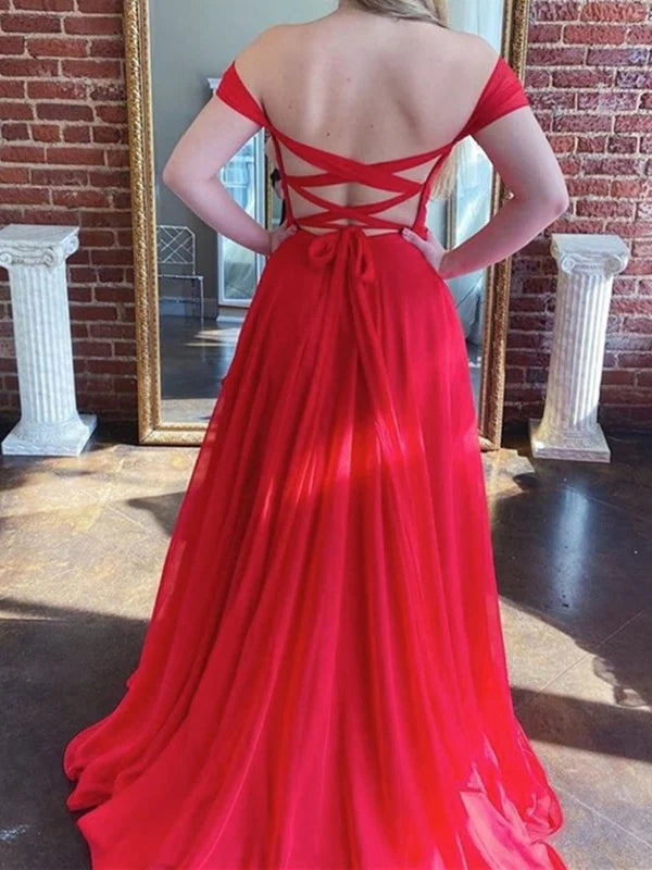 Woman showcasing an off-shoulder open back long formal gown.