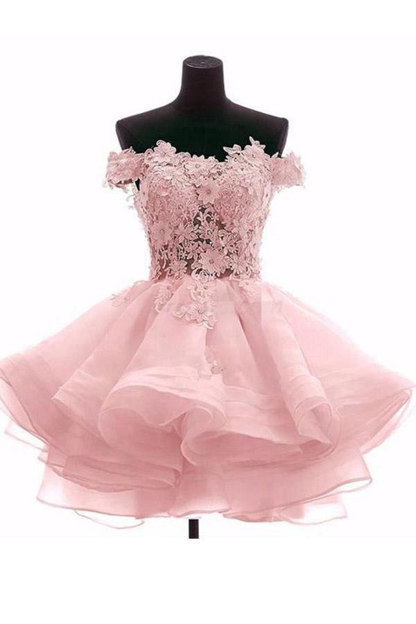 Model wearing a pink off-shoulder organza short homecoming dress.