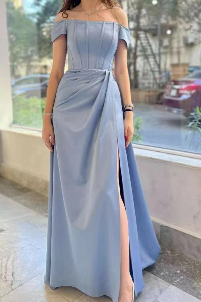 Elegant off-shoulder pleated ball gown in blue with a high slit, perfect for prom.