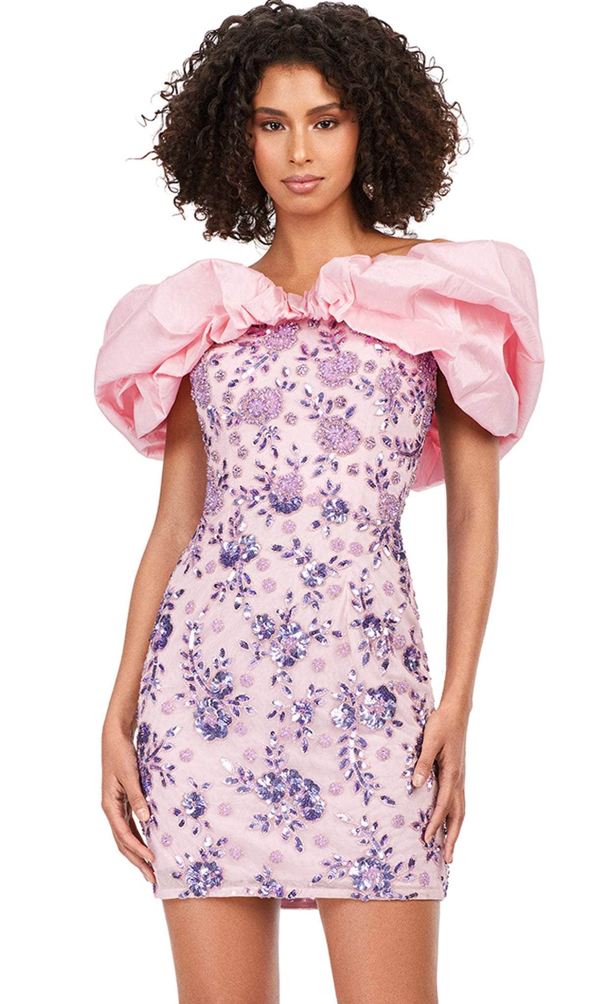 Model wearing pink off-shoulder puff sleeve floral embroidered mini dress.