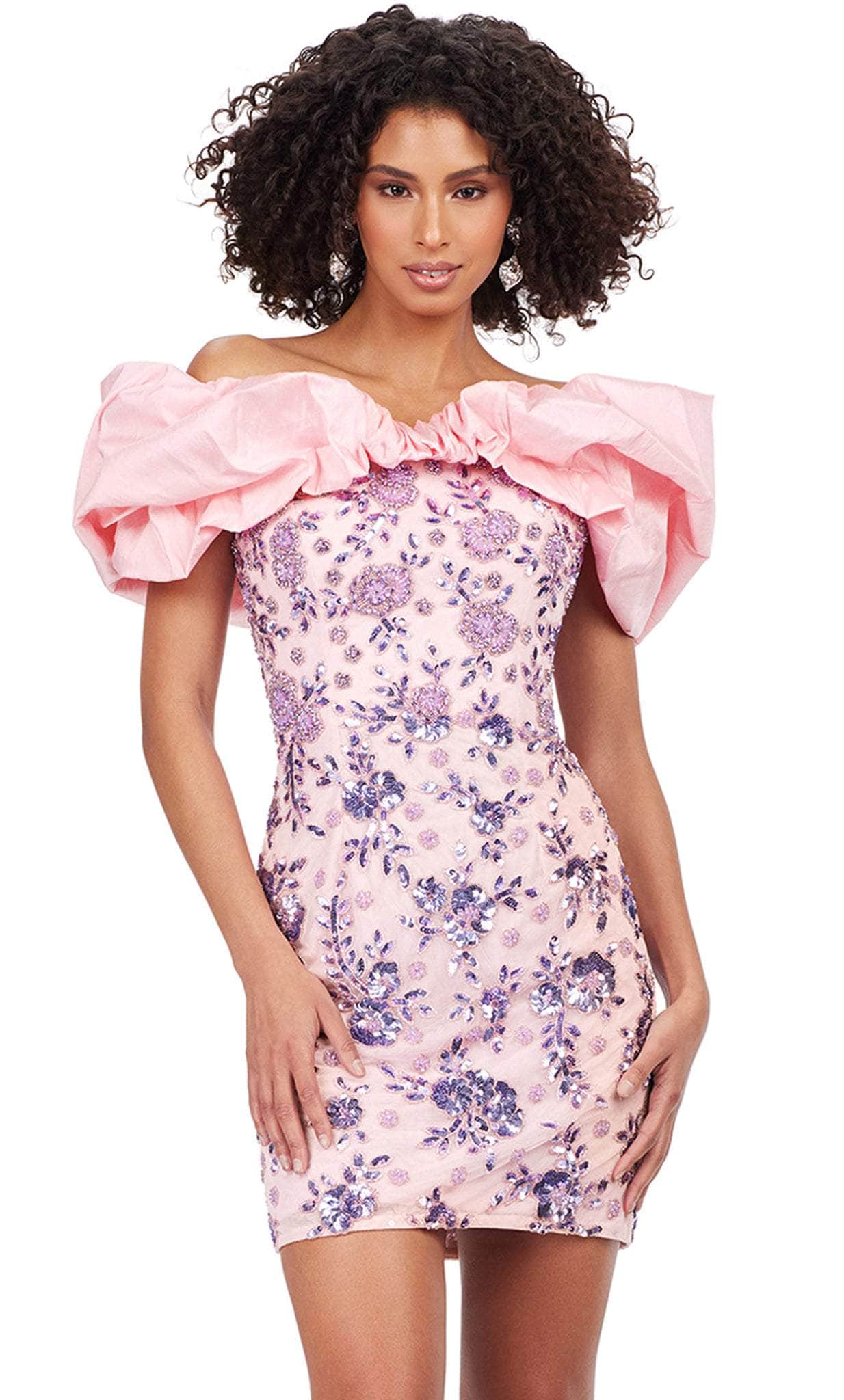 Model wearing white off-shoulder puff sleeve floral embroidered mini dress.