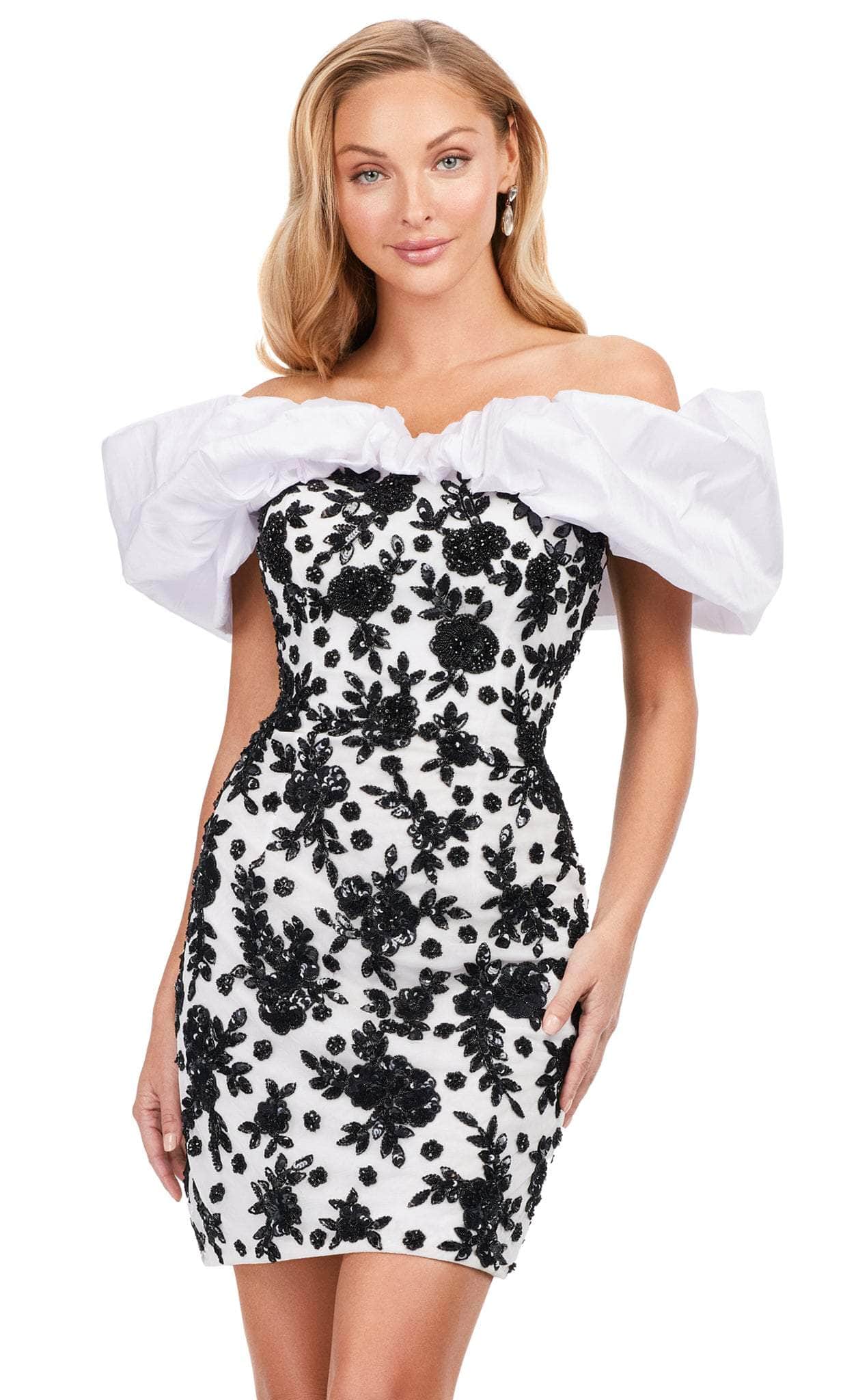 Pink off-shoulder puff sleeve floral embroidered bodycon mini dress.