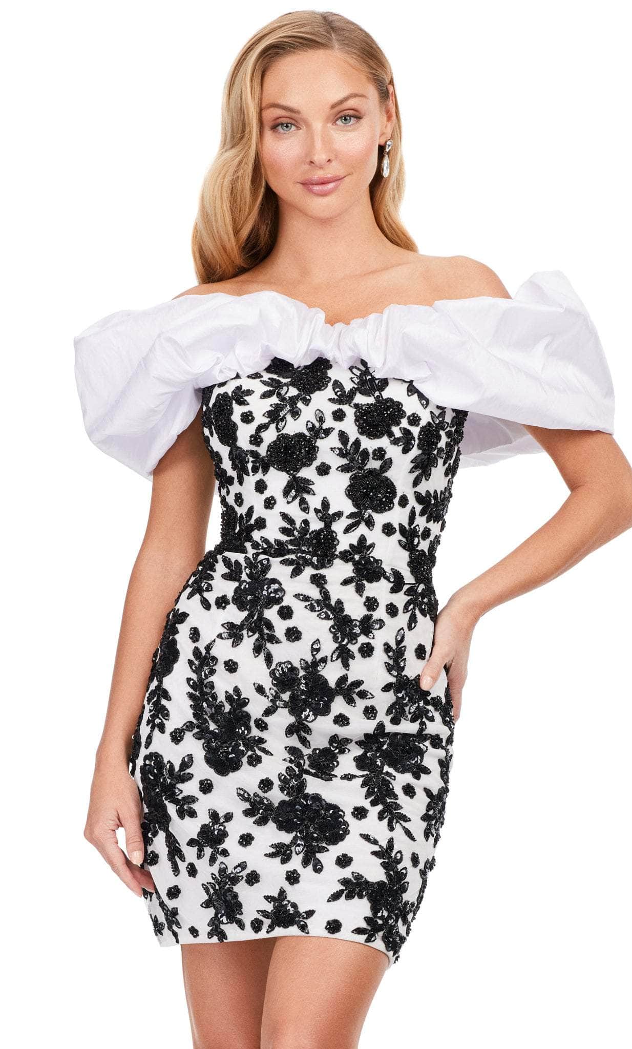 Side view of pink off-shoulder puff sleeve mini dress.