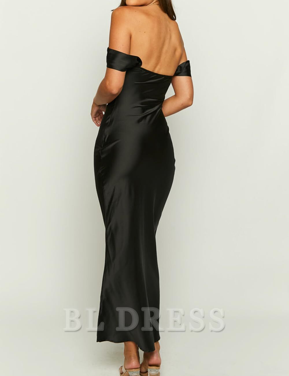 Back view of the elegant ruched satin formal dress.