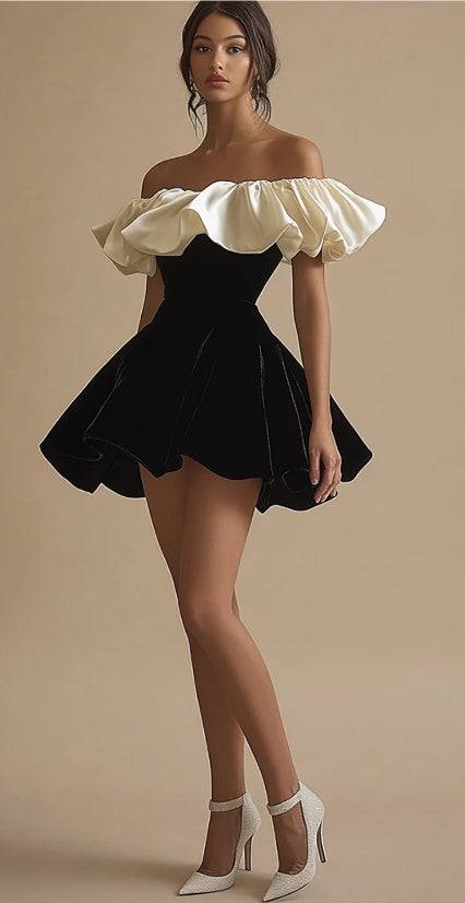 Elegant off-shoulder ruffle A-line short homecoming dress.