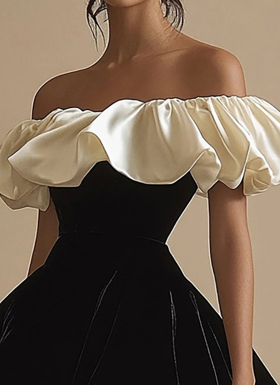 Back view of an elegant off-shoulder ruffle A-line short homecoming dress.