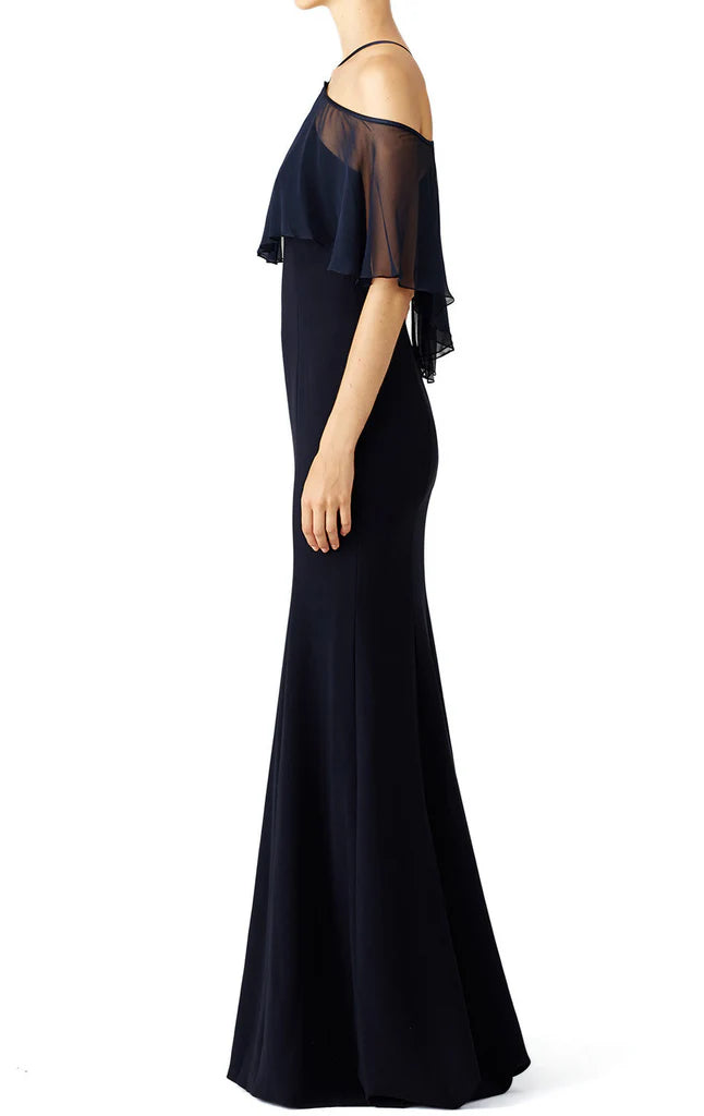 Elegant off-the-shoulder ruffled chiffon evening gown.
