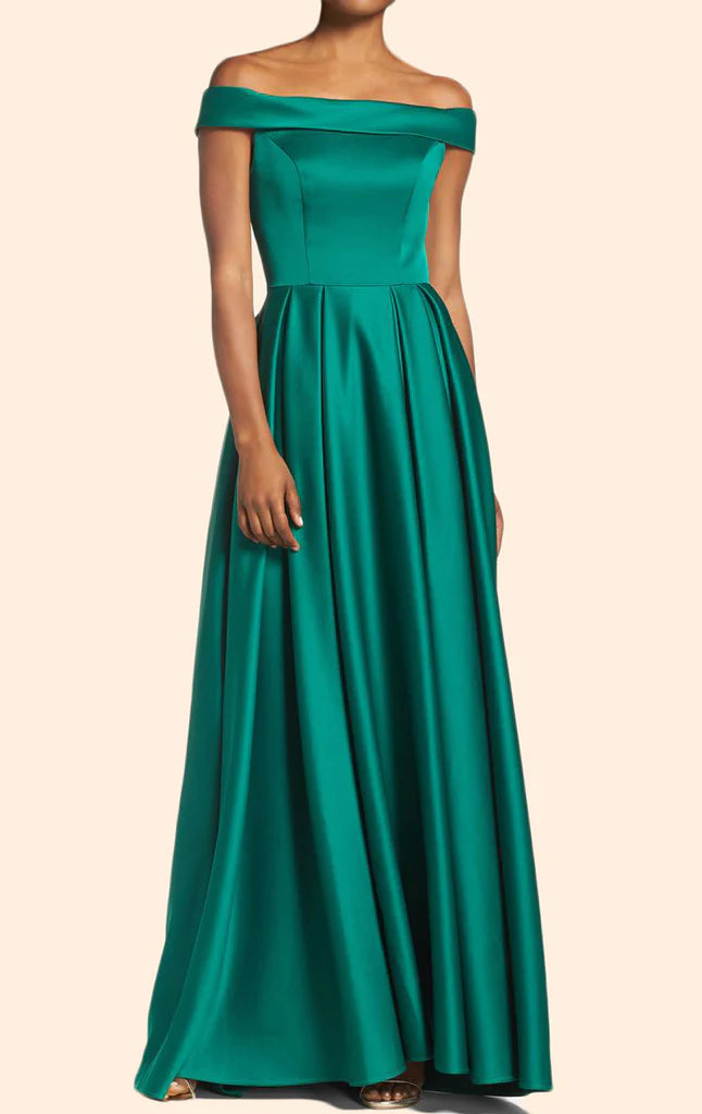 Model wearing an elegant off-shoulder satin long prom gown.
