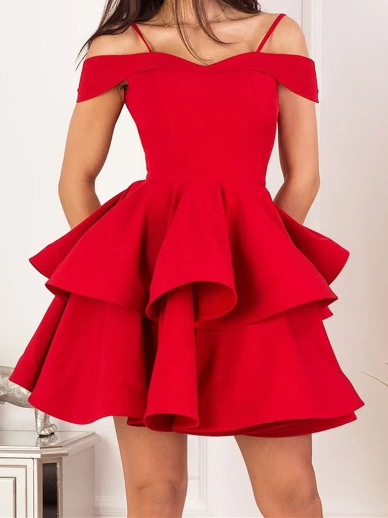 Elegant off-shoulder satin short homecoming dress.