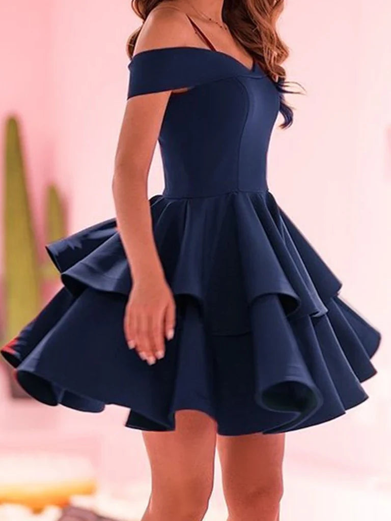 Back view of an elegant off-shoulder satin short homecoming dress.
