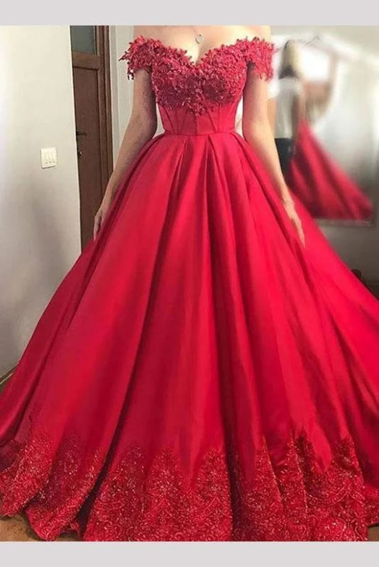 Elegant off-the-shoulder satin prom dress with delicate lace appliques.