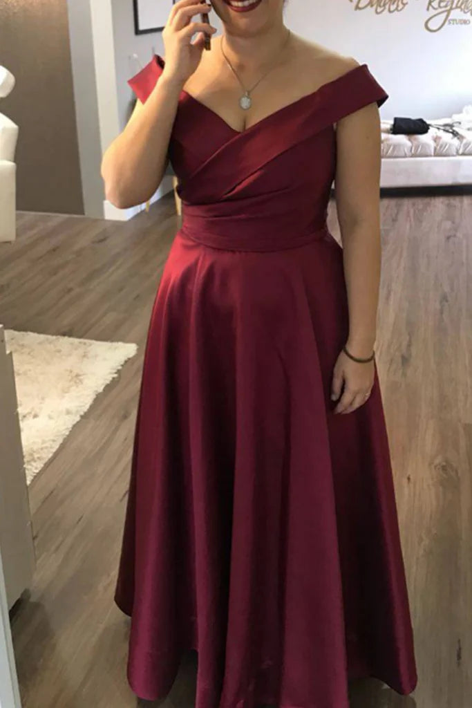 Back view of the off-shoulder satin long formal dress.