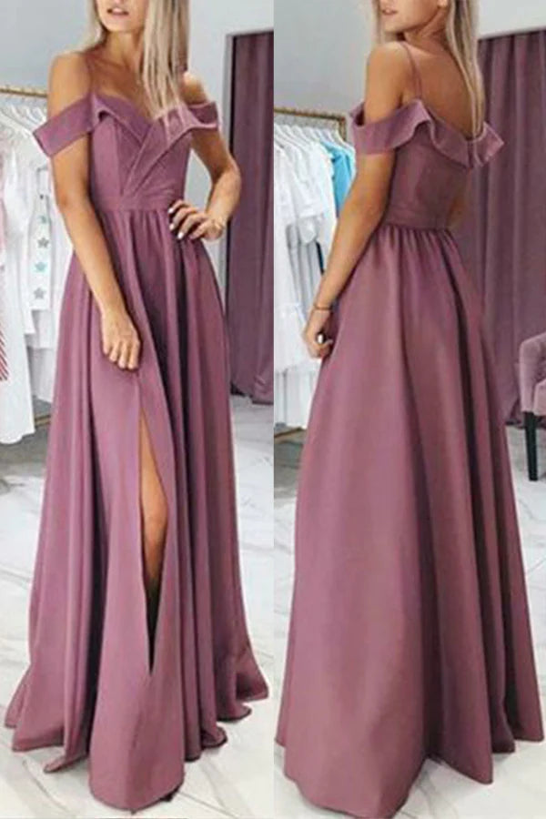 Full view of a flowing off-shoulder satin formal gown.
