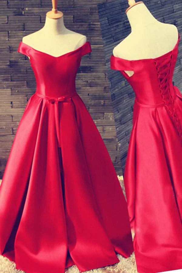 Elegant off-shoulder satin prom gown with a matching belt, flowing to maxi length.