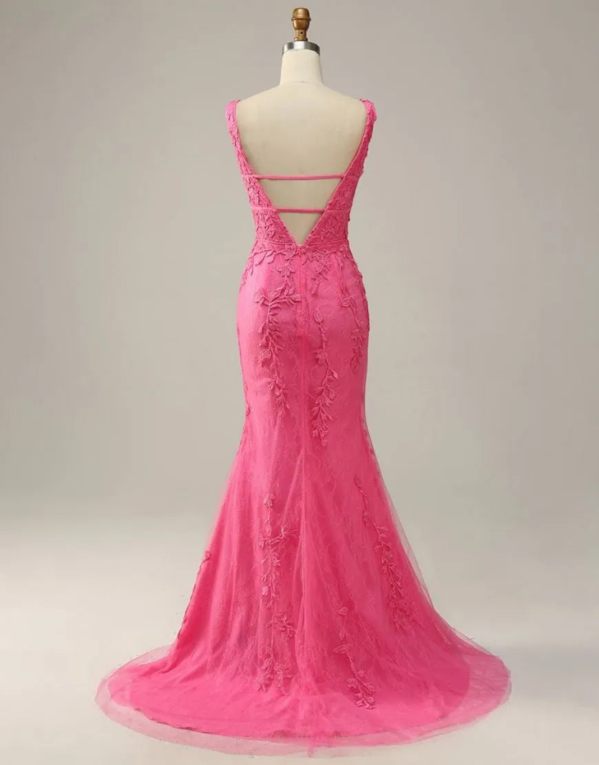 Side view of a woman posing in an off-shoulder sequin formal gown.
