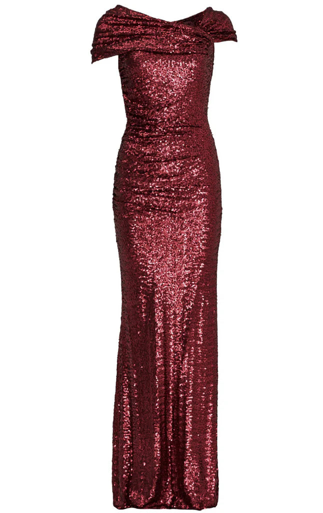 Off-shoulder sequin sheath gown for formal evening events.