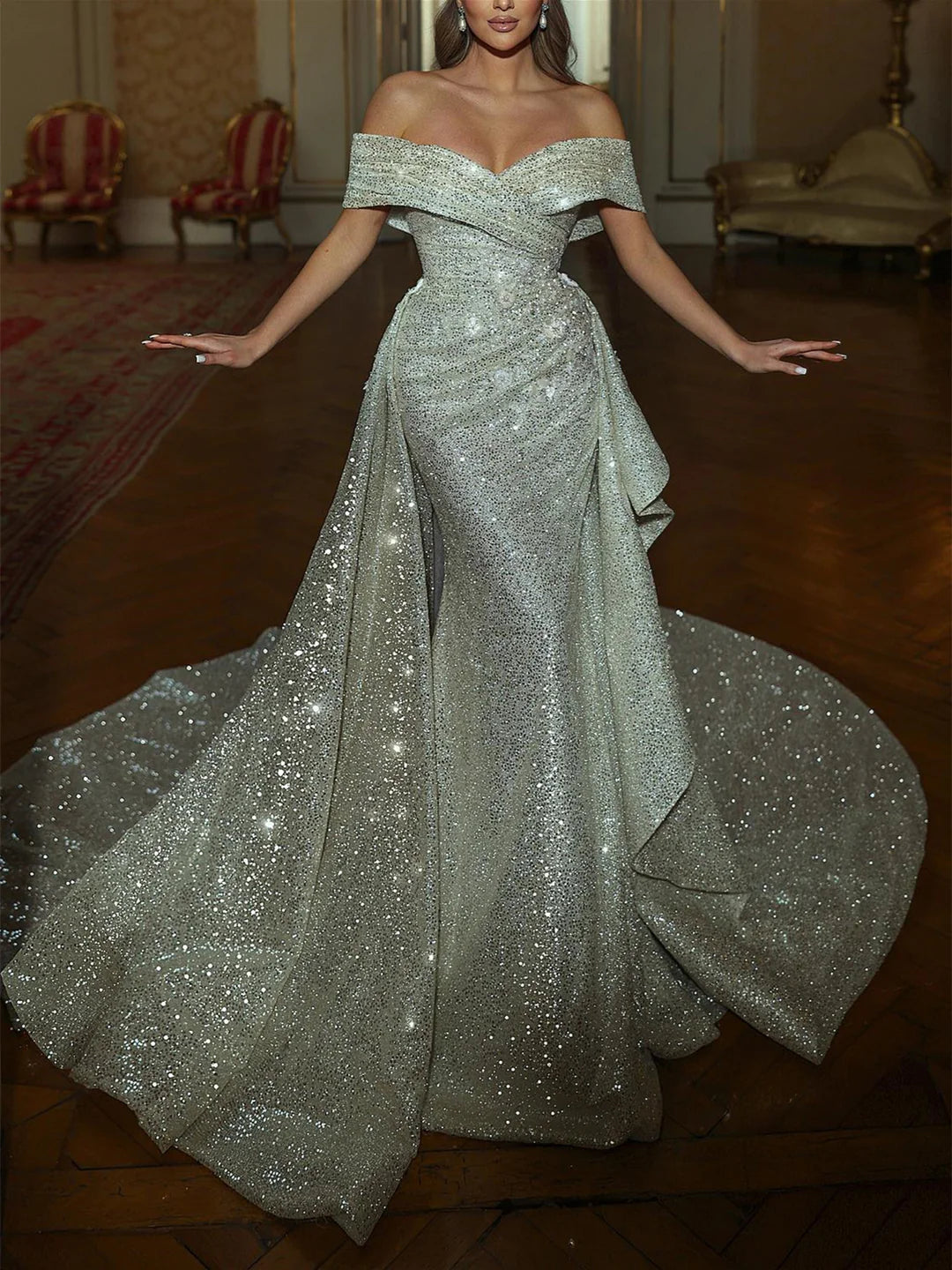 Elegant off-shoulder sheath floor-length prom dress, front view.