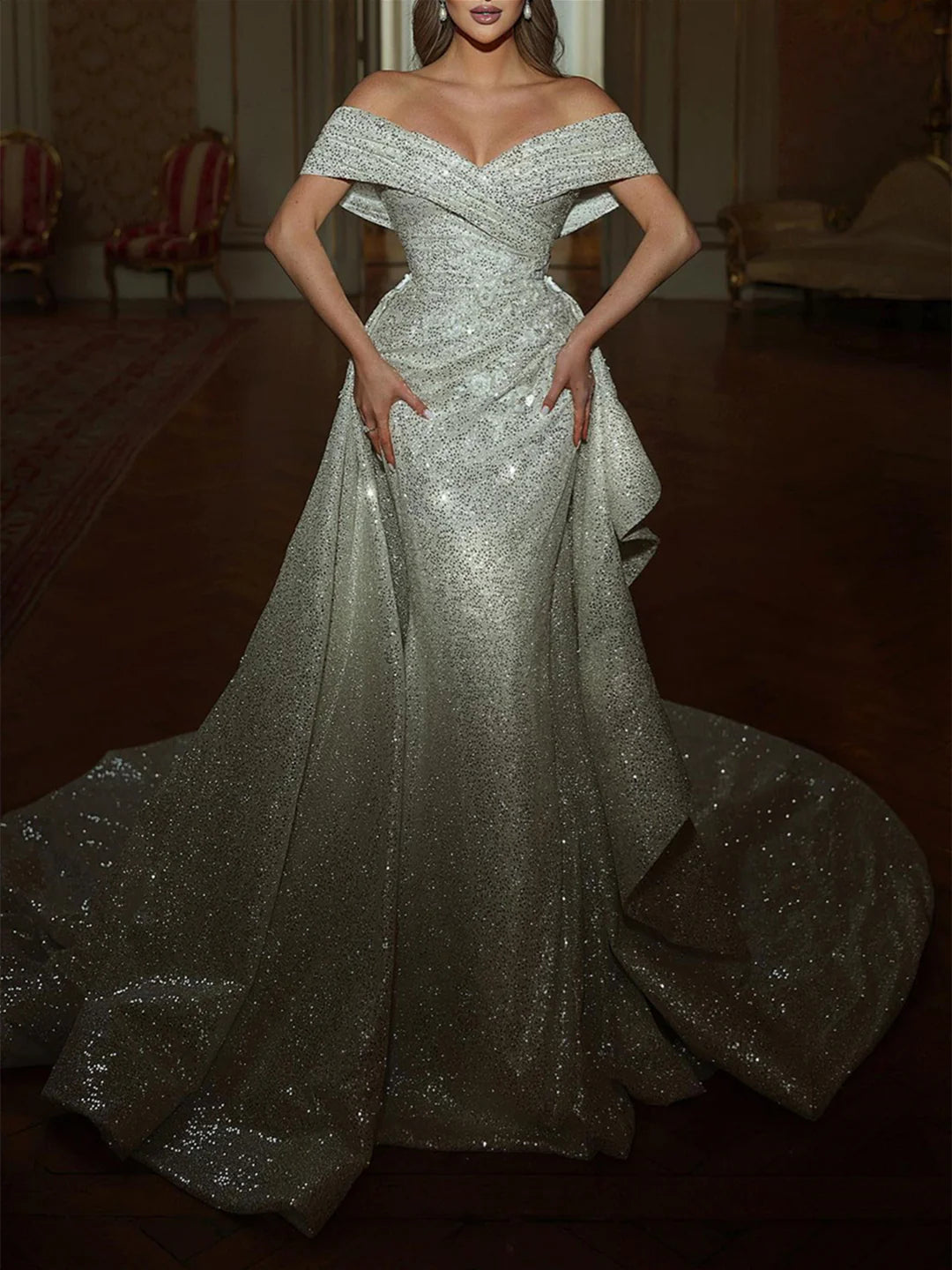 Floor-length prom dress with off-shoulder neckline, back view.