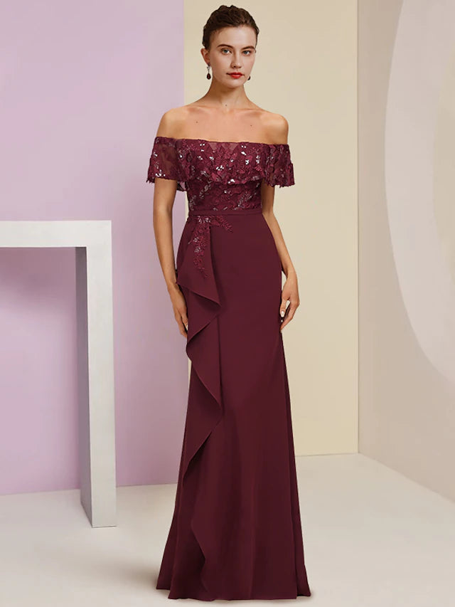 Elegant off-shoulder sheath dress with sequin ruffles and lace detail.