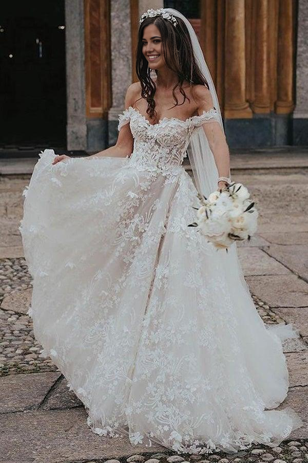 Elegant off-shoulder A-line lace tulle ball gown wedding dress with appliques.