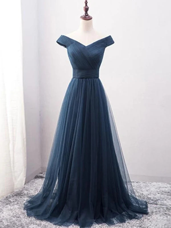Elegant off-shoulder tulle A-line prom dress in a floor-length design.