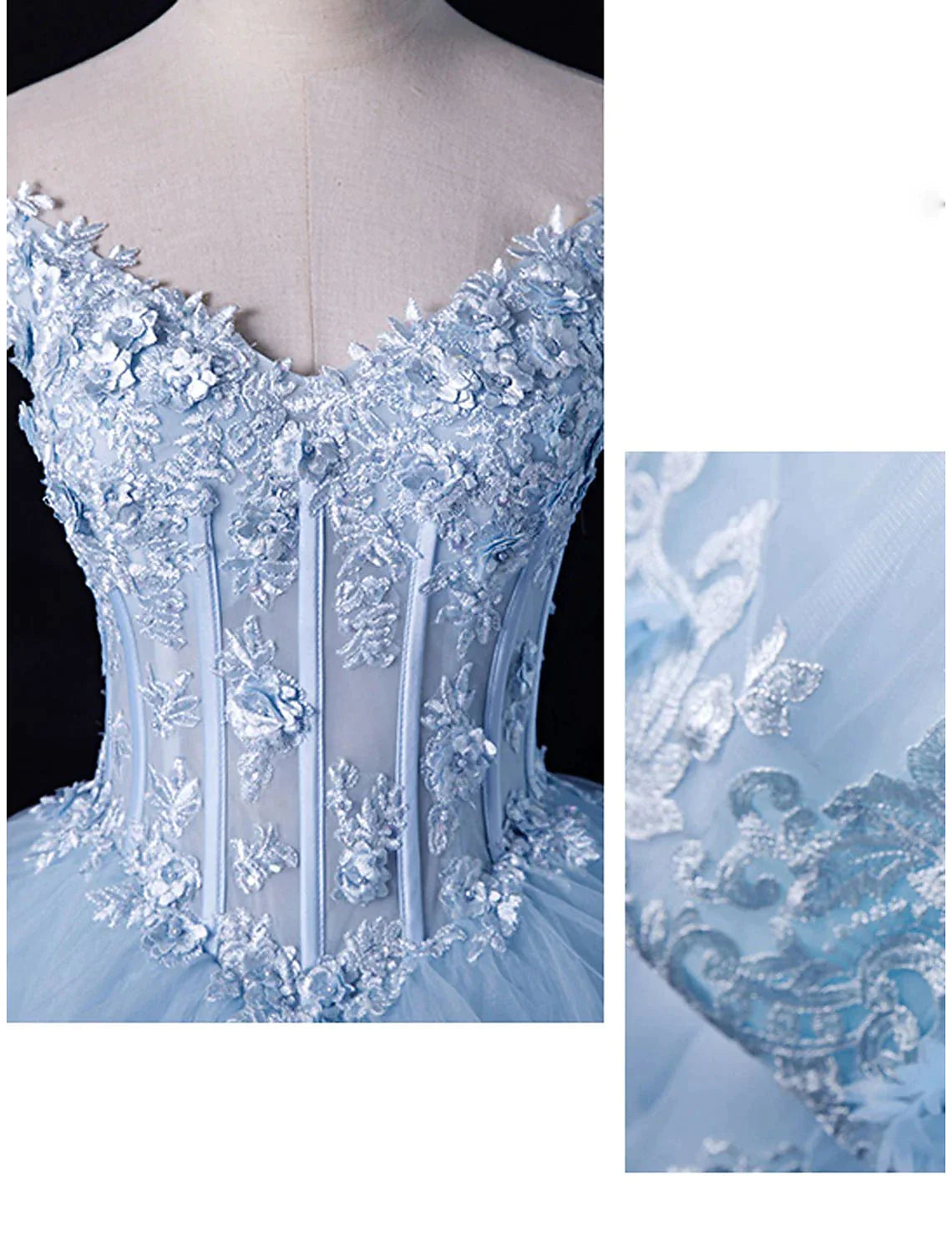 Side view of the flowing off-shoulder tulle formal dress.