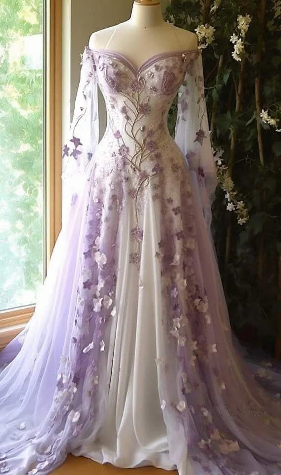 Elegant lilac off-shoulder tulle ball gown.