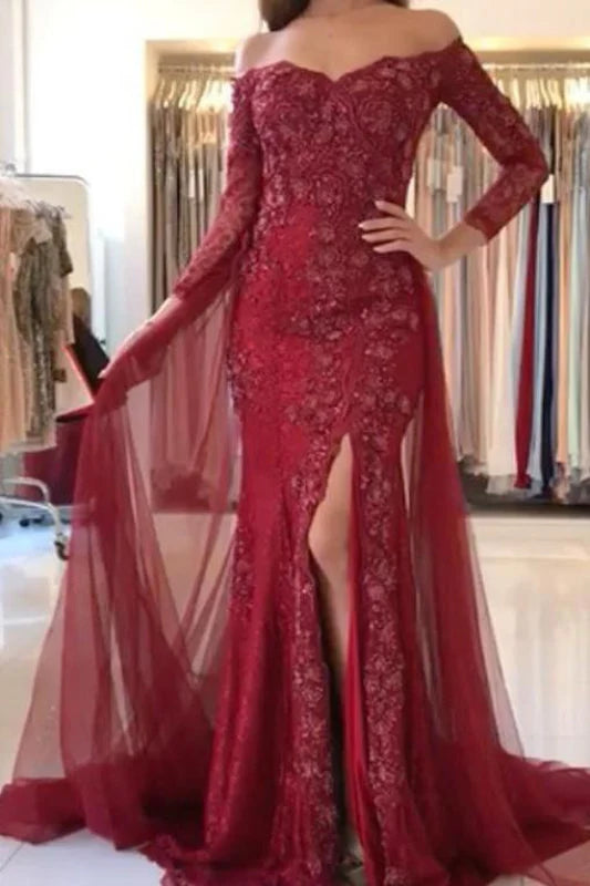 Elegant tulle off-the-shoulder prom gown with 3/4 sleeves and a high split.