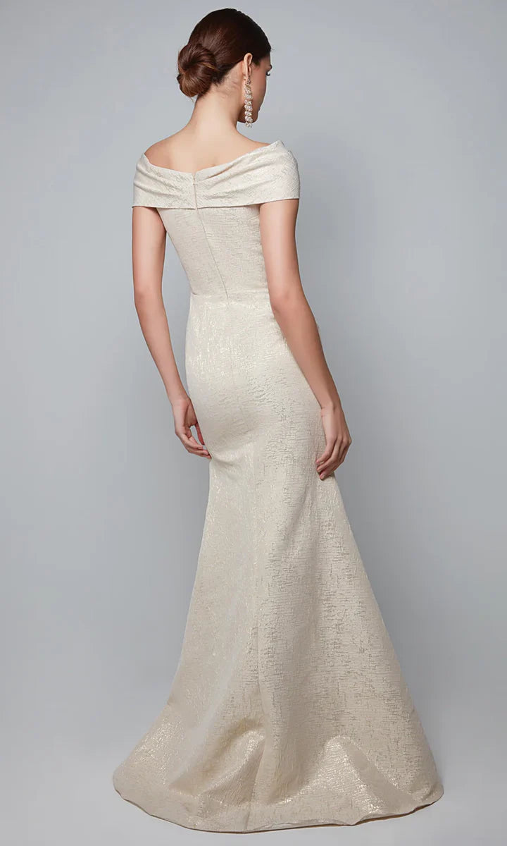 Back view of the jacquard A-line gown with brush train on a model.