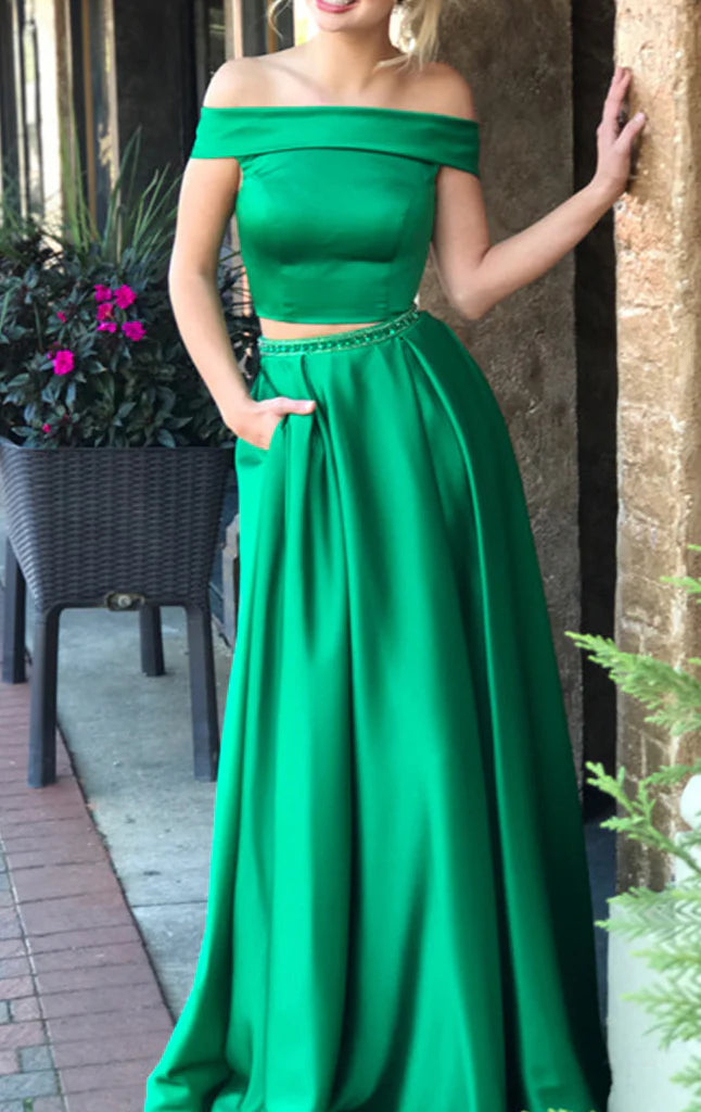 Elegant off-shoulder two-piece long prom dress.