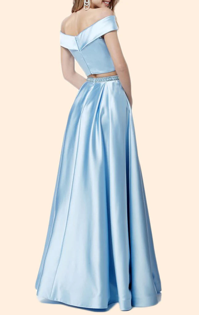 Stylish off-shoulder two-piece long formal gown.