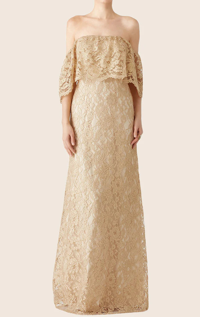 Elegant off-the-shoulder lace maxi prom dress.