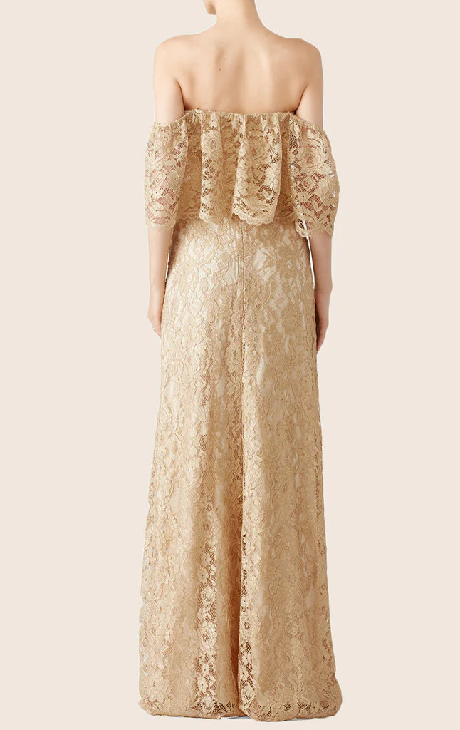 Back view of a formal lace party gown.