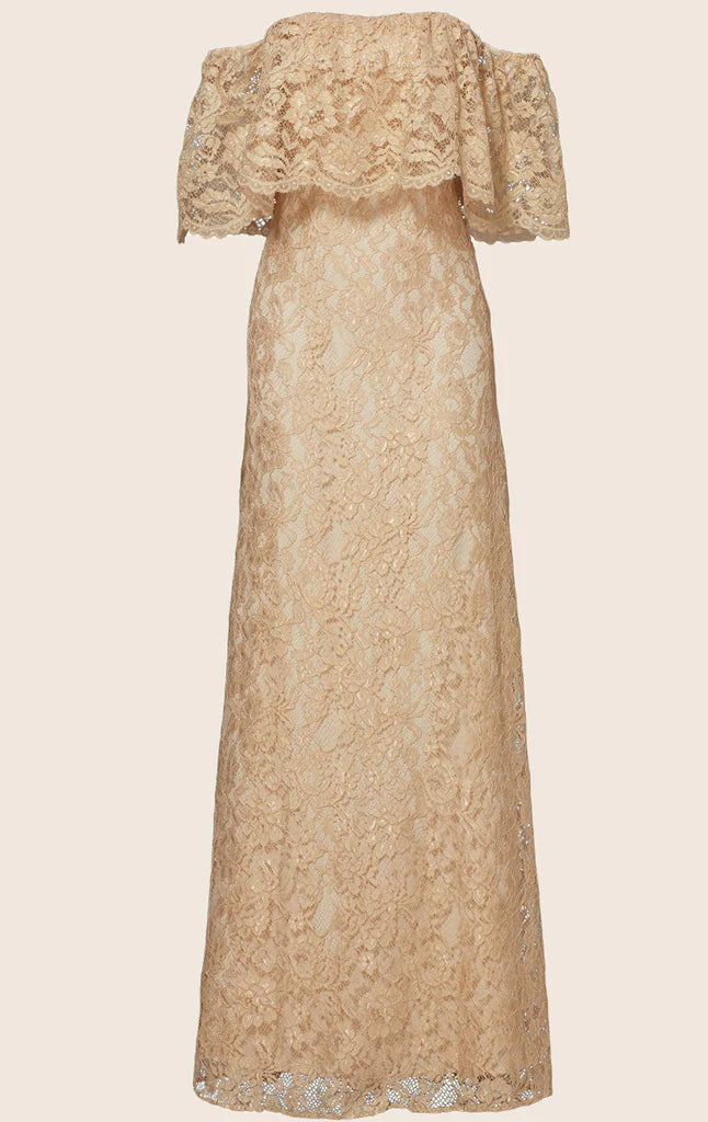 Side view of an off-the-shoulder evening dress.