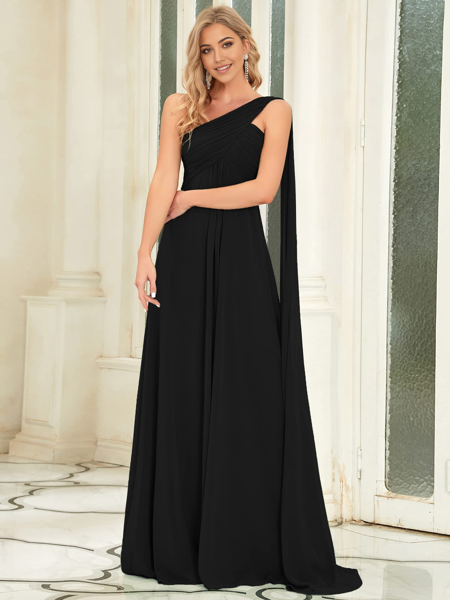 Elegant one-shoulder A-line chiffon dress with pleated details.