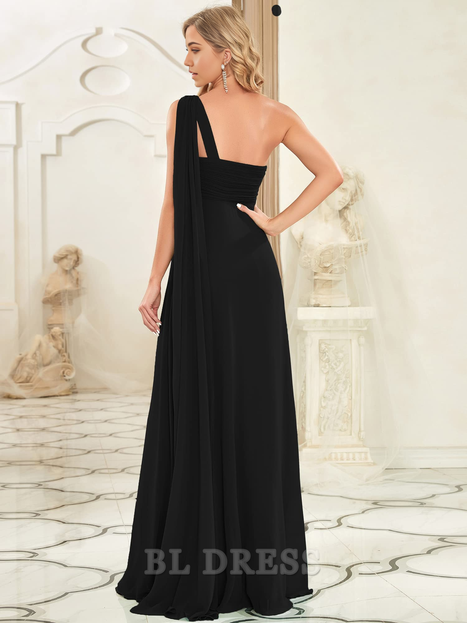Back view of the one-shoulder A-line formal gown.
