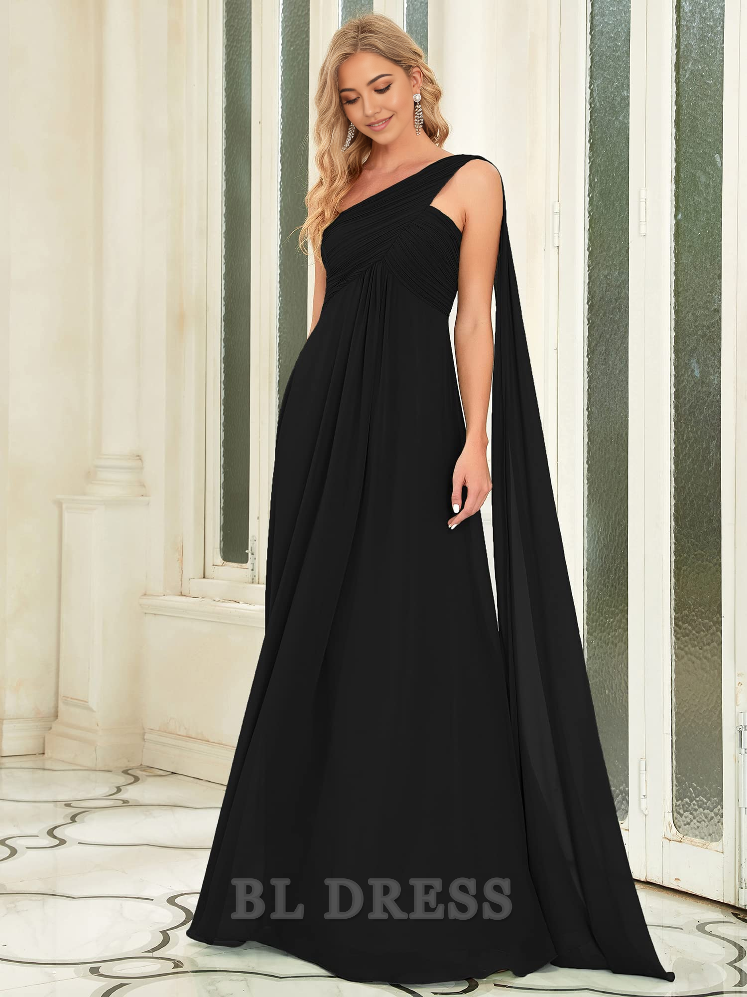 Side view of the pleated chiffon bridesmaid dress.