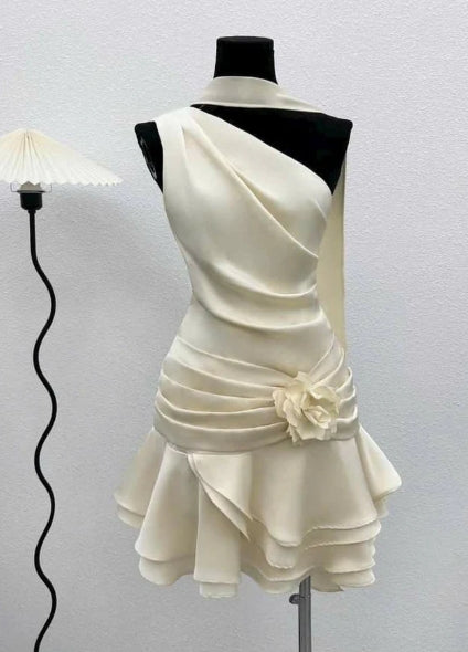 Woman wearing an elegant one-shoulder A-line satin pleated short homecoming dress.