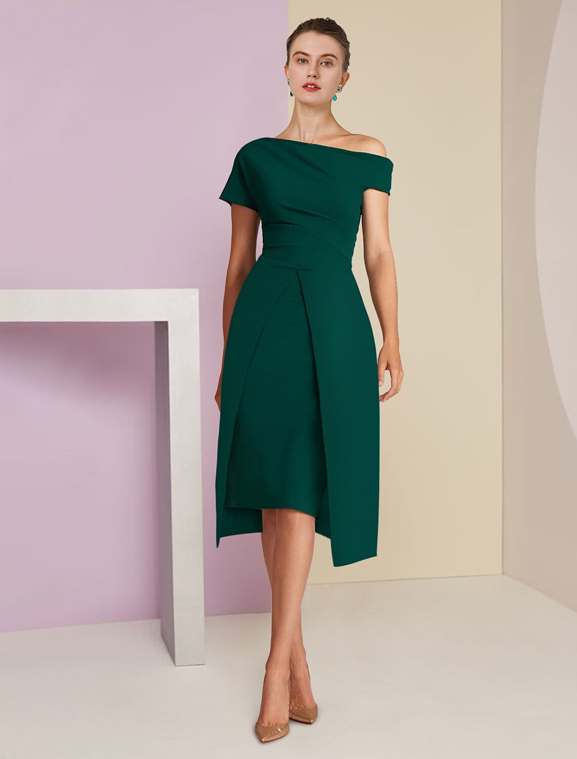 Elegant one-shoulder A-line sheath tea-length sequined dress for formal occasions.
