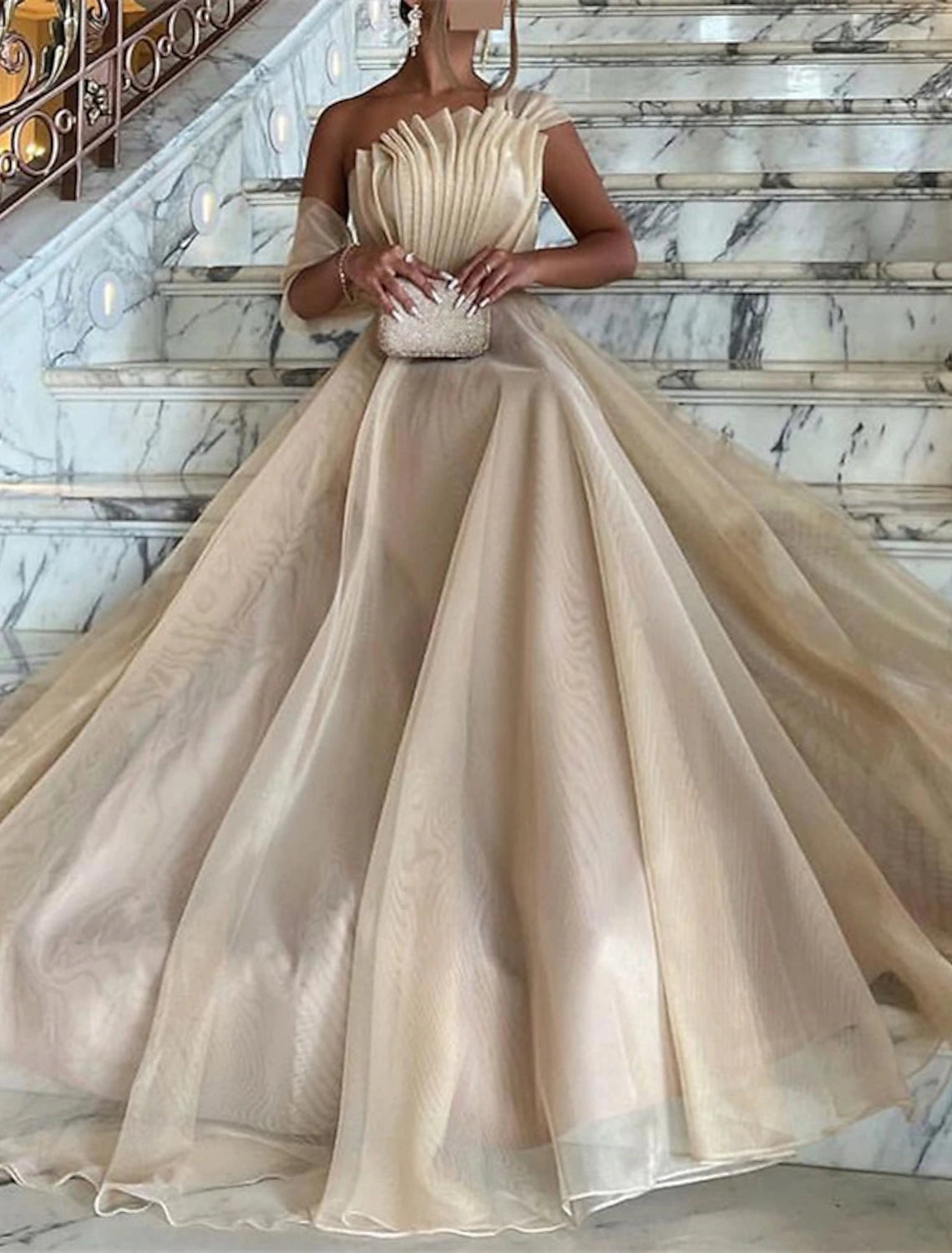 Elegant one-shoulder ball gown with a court train.