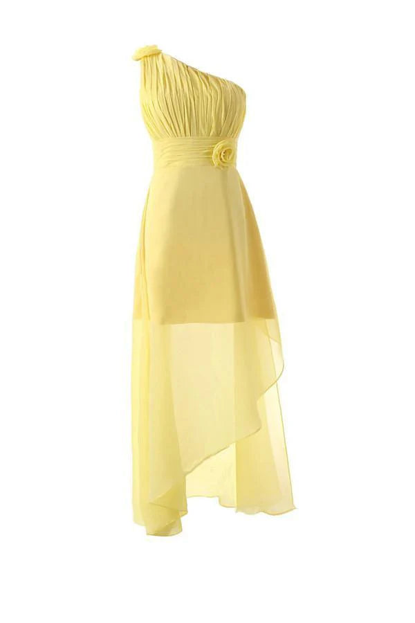 Elegant one shoulder chiffon bridesmaid dress with floral detail.