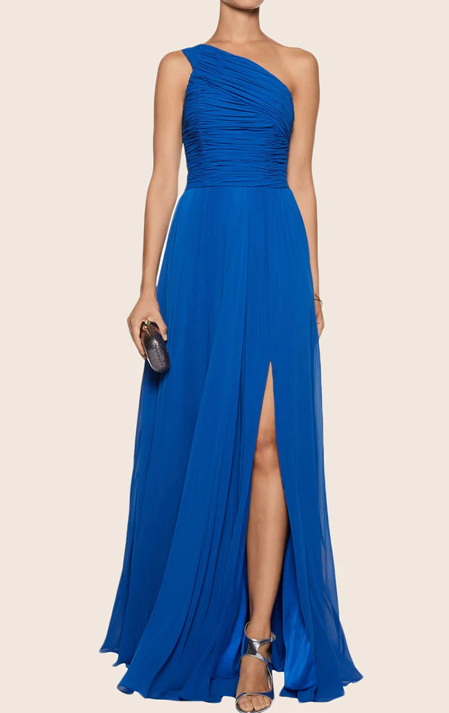 Elegant one shoulder chiffon maxi dress for formal events.