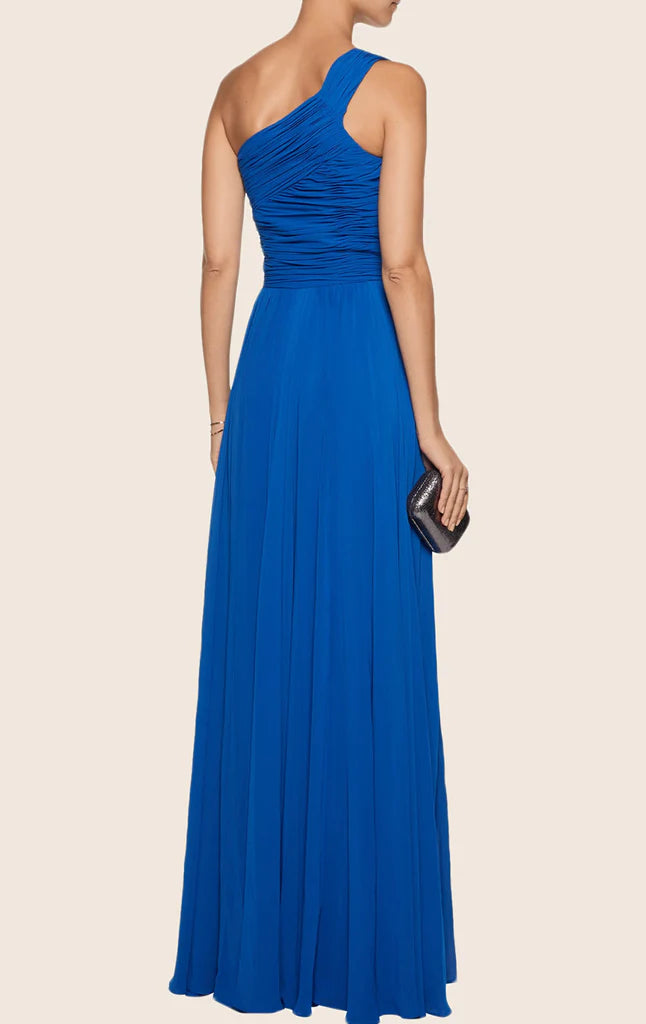 Stylish one shoulder formal evening gown in chiffon fabric.