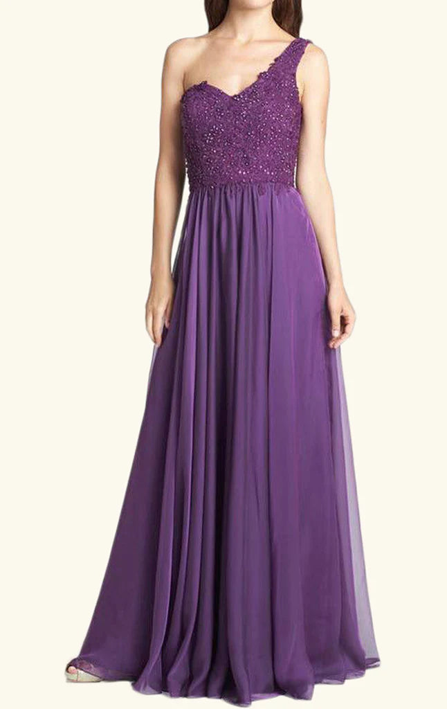 Elegant one-shoulder lace chiffon long prom evening gown on a model.