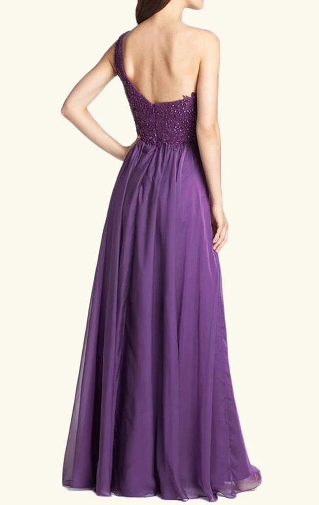 Back view of the elegant one-shoulder lace chiffon long prom evening gown.