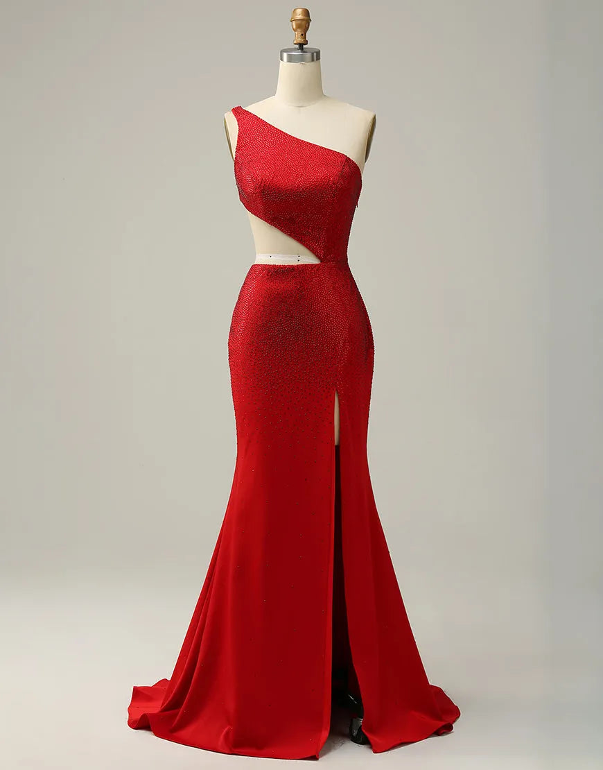 Elegant one-shoulder mermaid prom dress with a high slit.