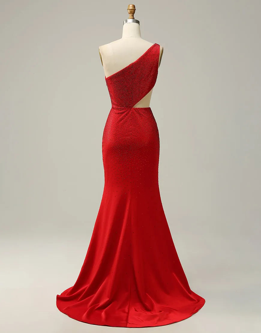 Back view of the one-shoulder mermaid gown, showcasing its sleek silhouette.