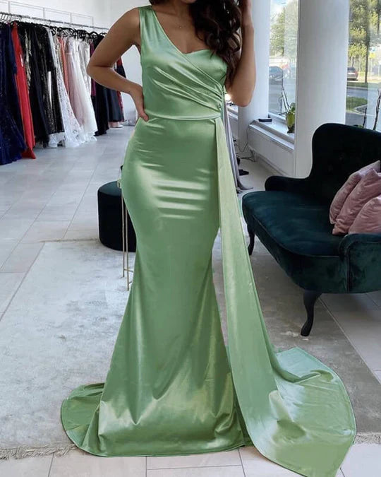 Sage green one-shoulder mermaid prom dress.
